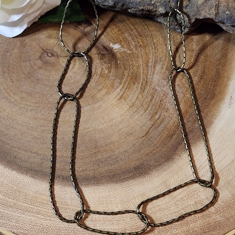 Vintage Boho Rustic Bronze Toned Paperclip Chain Necklace 42"